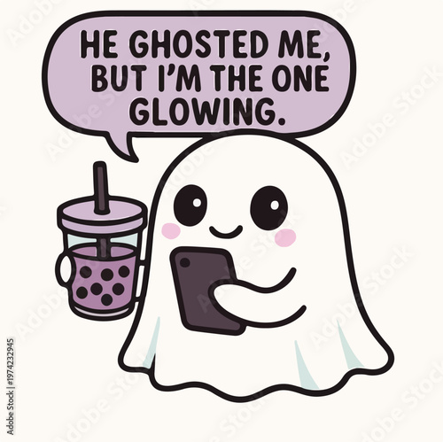 Cute little ghost holding a phone and bubble tea with a funny pun about moving on from a bad breakup