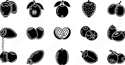 Black and white fruit including strawberries plums and berries