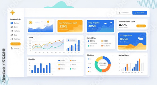 A vector graphic illustration of a modern data analytics dashboard with various charts and graphs