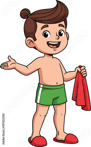 Cute cartoon boy character with man bun in green swim trunks holding red towel for summer pool branding social media.