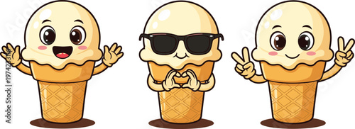 Cute vanilla ice cream cone characters set with happy poses in cartoon style for summer branding social media web posters.