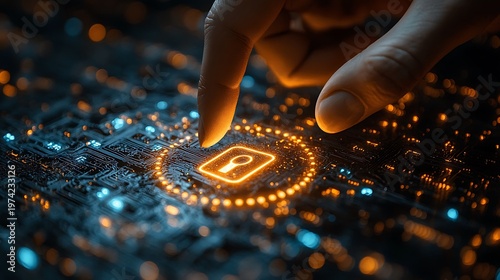 Hand touching security key icon on circuit board