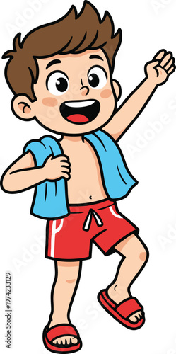 Energetic cartoon boy character in red swim trunks waving with towel for summer pool safety branding social media and posters.