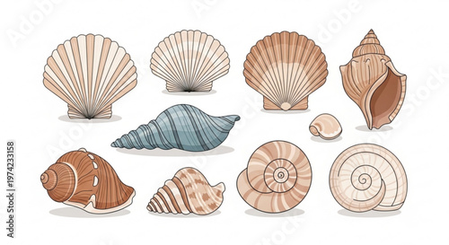 A colorful illustration of various seashells on a white background