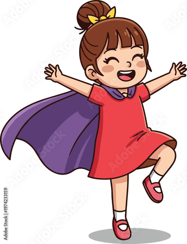Happy cartoon girl superhero character in red dress and purple cape jumping for children empowerment social media branding web posters.