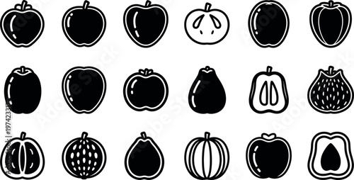 Black and white fruit on white background apples pears symbols