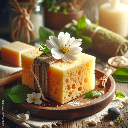 A soap bar with a flower on top and other items