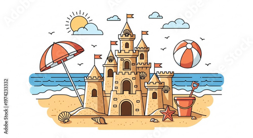 A colorful cartoon illustration of a sandcastle on a sunny beach with a beach umbrella and ball
