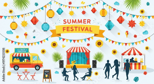 A vibrant illustration of a summer festival with colorful decorations and people having fun