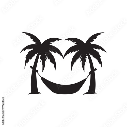 Relaxing in a hammock between two palm trees silhouette vector illustration, hammock tied between palm trees silhouette vector illustration
