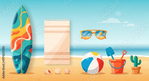 A colorful beach scene with a surfboard, towel, sunglasses, beach ball, and other summer items on the sand.