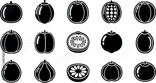 Black and white fruit with various shapes and cutaways silhouettes