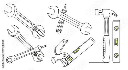 Collection of various hand tools line art illustration on white