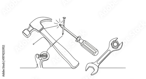 Continuous line drawing of various hand tools on white background