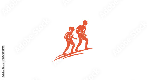 Couple with backpacks walking uphill orange silhouette