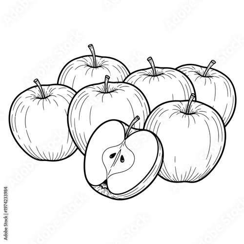 Fresh Apples: Whole and Halved, Black and White Line Art Illustration