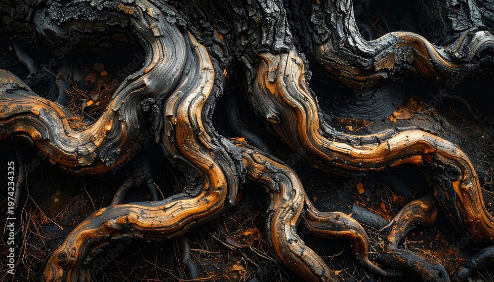 Fototapeta premium Close-up of textured, gnarled roots with shades of grey and amber, creating abstract patterns on a dark background
