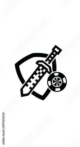 Gaming security icon with sword shield and poker chip