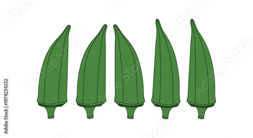Five fresh green okra pods in a row illustration