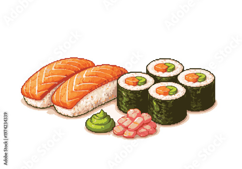 A fresh pixel art sushi salmon nigiri maki rolls wasabi and ginger japanese asian food