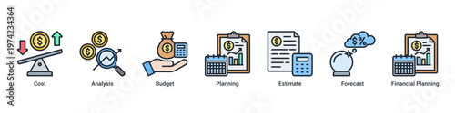 Cost Strategy web banner icon vector illustration with icons of Cost,Analysis,Budget,Planning,Estimate,Forecast and Financial Planning