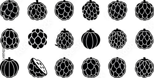 Black and white hop cones in various orientations and styles beer ingredients botanical