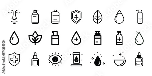 Black line icons for skincare and beauty products on white background