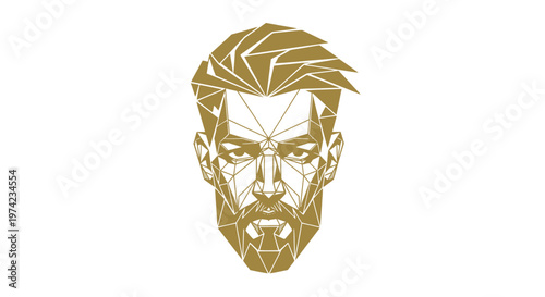 Low poly golden man face with beard and hair