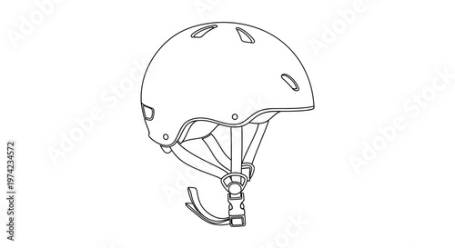 Line drawing of a bicycle helmet with chin strap