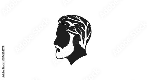 Man's head silhouette with tree branches and bird in hair