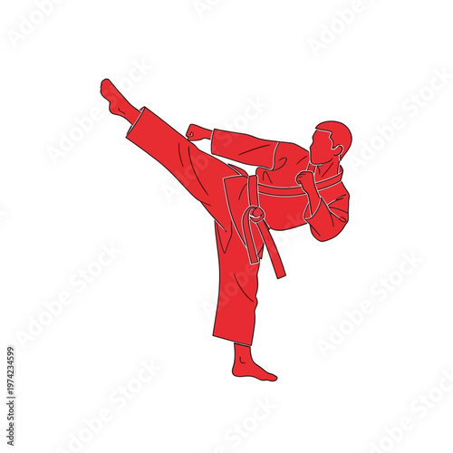 Male martial artist performing high kick in red gi illustration
