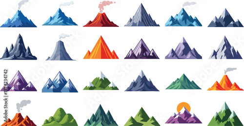 Mountain and Volcano Illustration Set with Various Shapes, Colors, and Eruptions for Nature, Adventure, and Landscape Projects