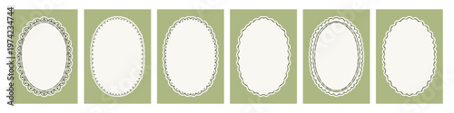 Vintage whimsical hand drawn posters with ink oval frames on green background. Vector illustration set.