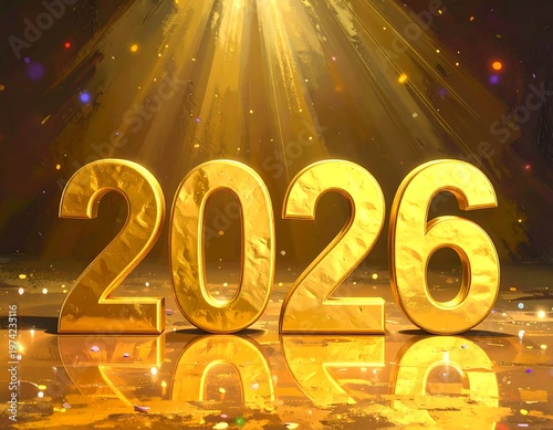 A shiny gold 2026 display with rays of light