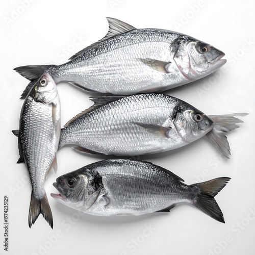 Close-up shot of four silver-scaled fish arranged on a bright white surface. The fish are positioned in a group