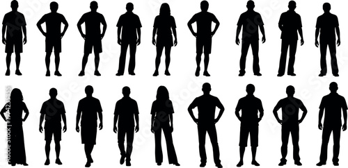 Set of eighteen diverse human silhouettes in various standing poses including men and women wearing casual clothing isolated on white.