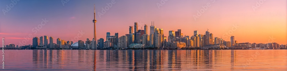 Fototapeta premium Skyline Serenity: The cityscape mirrors the sunset, casting a tranquil reflection across calm water, bathed in hues of pink and orange. Capturing the urban charm and peacefulness.