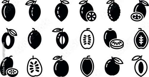 Black and white of various fruits with leaves and slices mango citrus