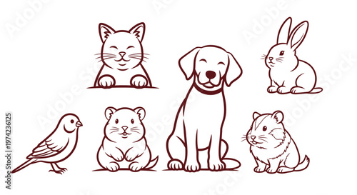 Collection of cute animal line drawings.