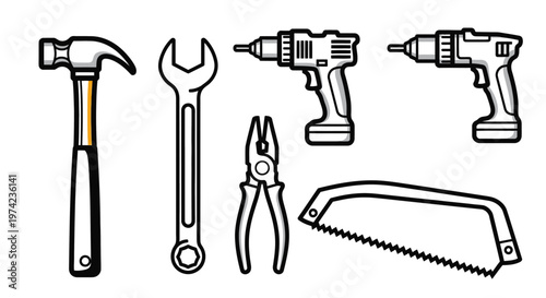 Collection of hand tools for construction.