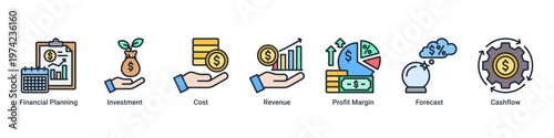 Finance Strategy web banner icon vector illustration with icons of Financial Planning,Investment,Cost,Revenue,Profit Margin,Forecast and Cashflow