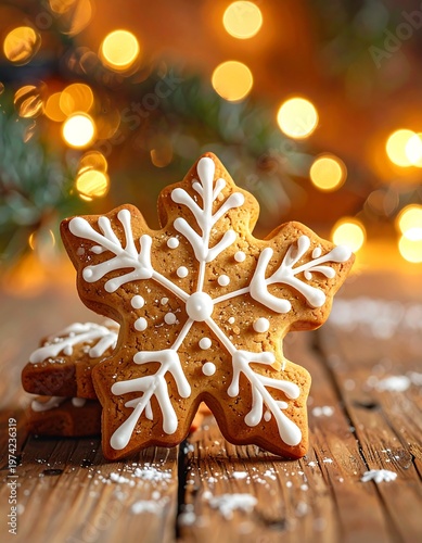 A snowflake-shaped cookie with white icing on a wooden surface