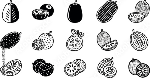 Black and white of various fruits tropical fruit citrus fruit cut fruit