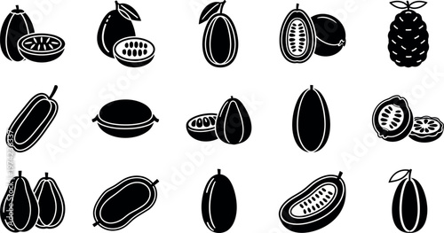 Black and white of various mango fruits cut open and whole tropical food