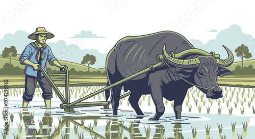 Man plowing field with big bull.