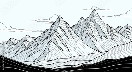 Snowy mountain range landscape drawing.