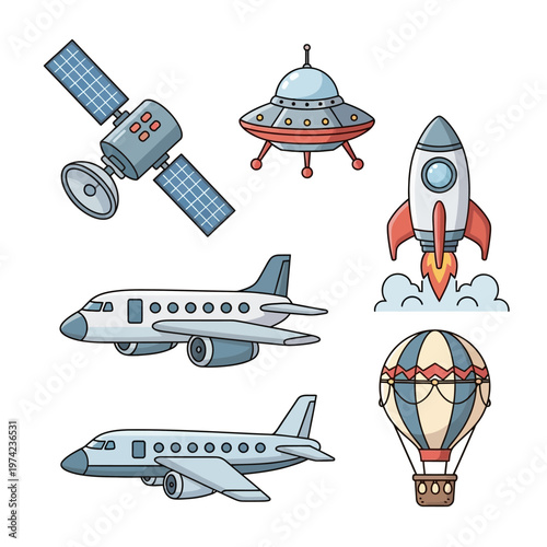 Set of cartoon vehicles: airplane, rocket, satellite, UFO, hot air balloon