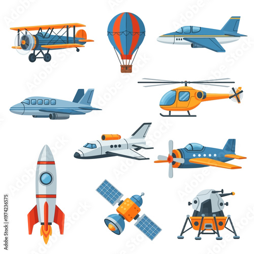 Diverse Aircraft and Spacecraft Collection: Airplanes, Helicopter, Rocket, Satellite, Hot Air Balloon