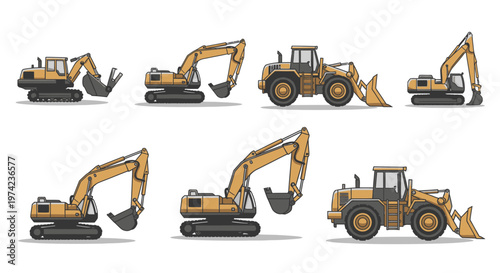 Collection of heavy construction equipment machines.