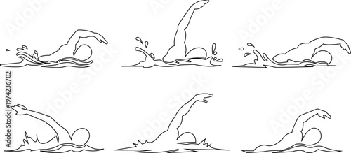 Swimming icon set, swimming on water with waves symbol and hands vector icons Silhouettes, design representing swimming signs, prohibition marks and beach or pool safety guidelines. used for web page